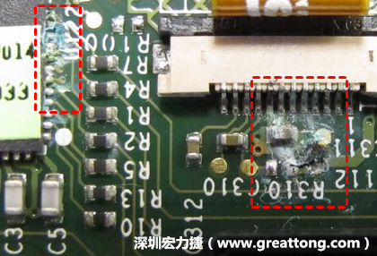 電路板疑似腐蝕氧化，懷疑電流異常過熱造成