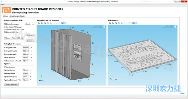 電鍍App允許PCB板設(shè)計人員導(dǎo)入不同的設(shè)計(包含或不含虛置圖形)，點(diǎn)擊計算，然后就能查看所仿真的厚度均勻性-深圳宏力捷