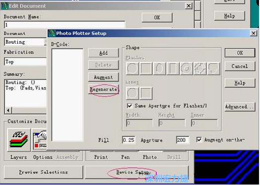 當Gerber和鉆孔都設(shè)置完后，選擇一貼片元件較多的層（一般為Top層），點擊Device SetupPhoto，將 Plotter Setup窗口D-Code欄原有的D碼刪除并按Regenerate重新生成