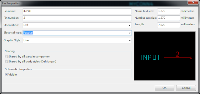 按下工具 "Add pins to the component"， 如底下畫(huà)面，  Electrical type 都選 Passive