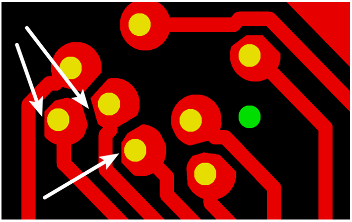 按源文件文件數(shù)據(jù)計(jì)算，孔邊緣到線邊緣6mil，孔環(huán)4mil，環(huán)到線只有2mil，保證環(huán)到線之間有3mil的安全間距需削1mil焊環(huán)，削后焊盤(pán)只有3mil